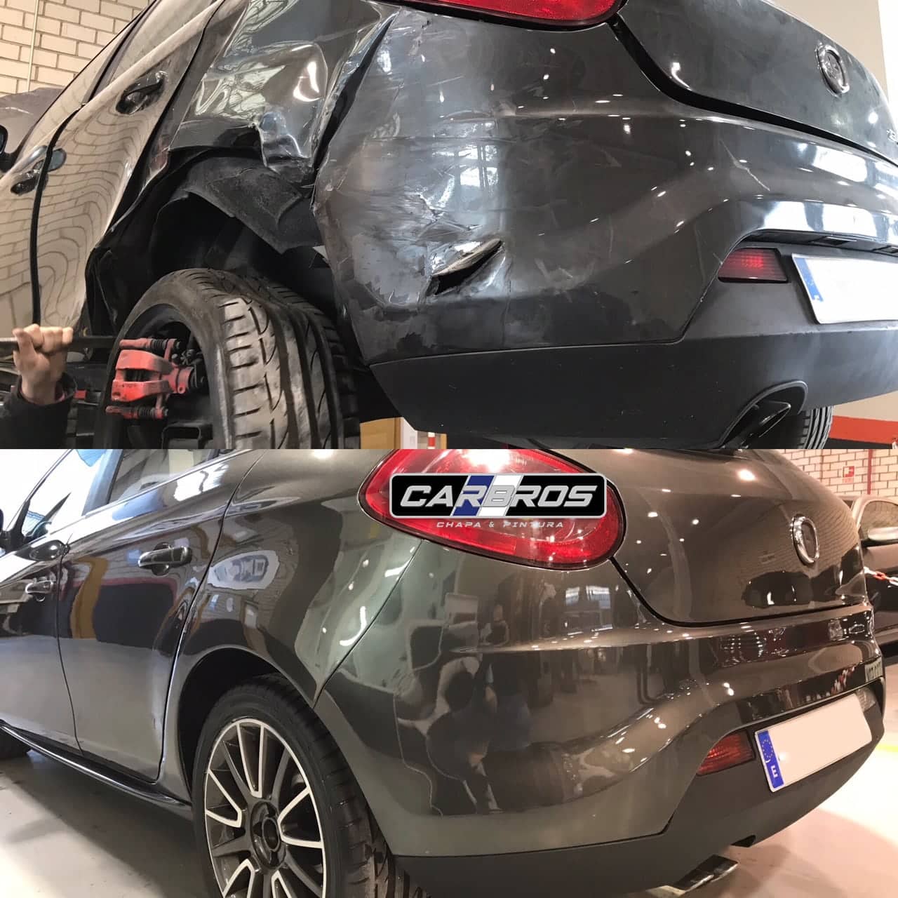 Antes y después: aleta trasera abollada y, debajo, la misma aleta reparada y pintada