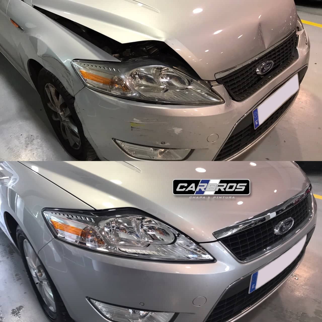 Antes y después: frontal de un Ford plateado con el golpe y, debajo, reparado