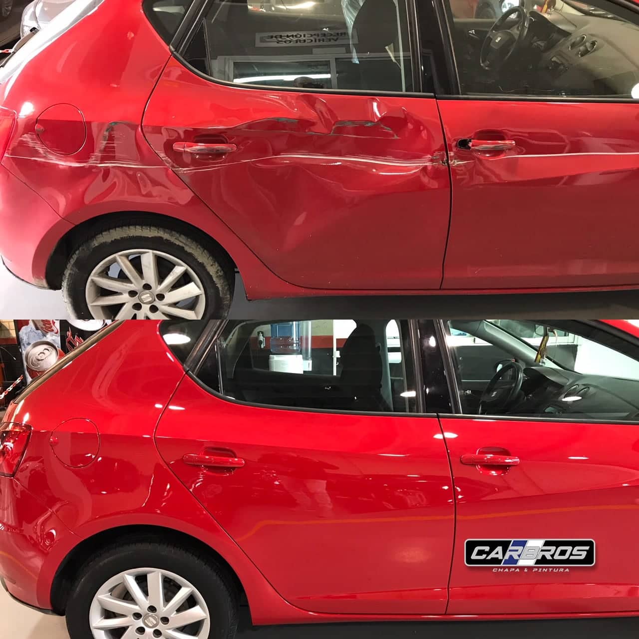 Antes y después: puerta roja abollada y, debajo, la misma puerta reparada